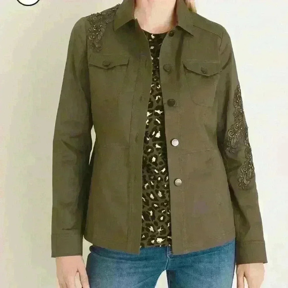 Chico's Women's Lace Applique Embellished Utility Jacket Olive Size 3 US 16/18 - Picture 2 of 15